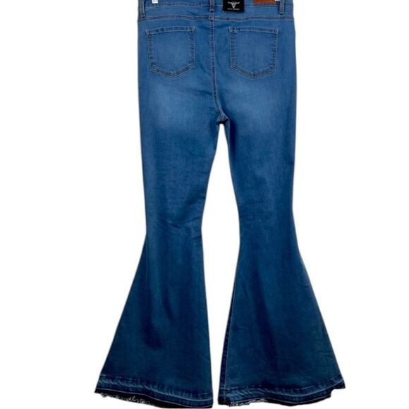 Button Fly High Rise Flare Jeans | Distressed Raw Hem | Mid Wash | NWT | L&B 16 - Picture 9 of 15